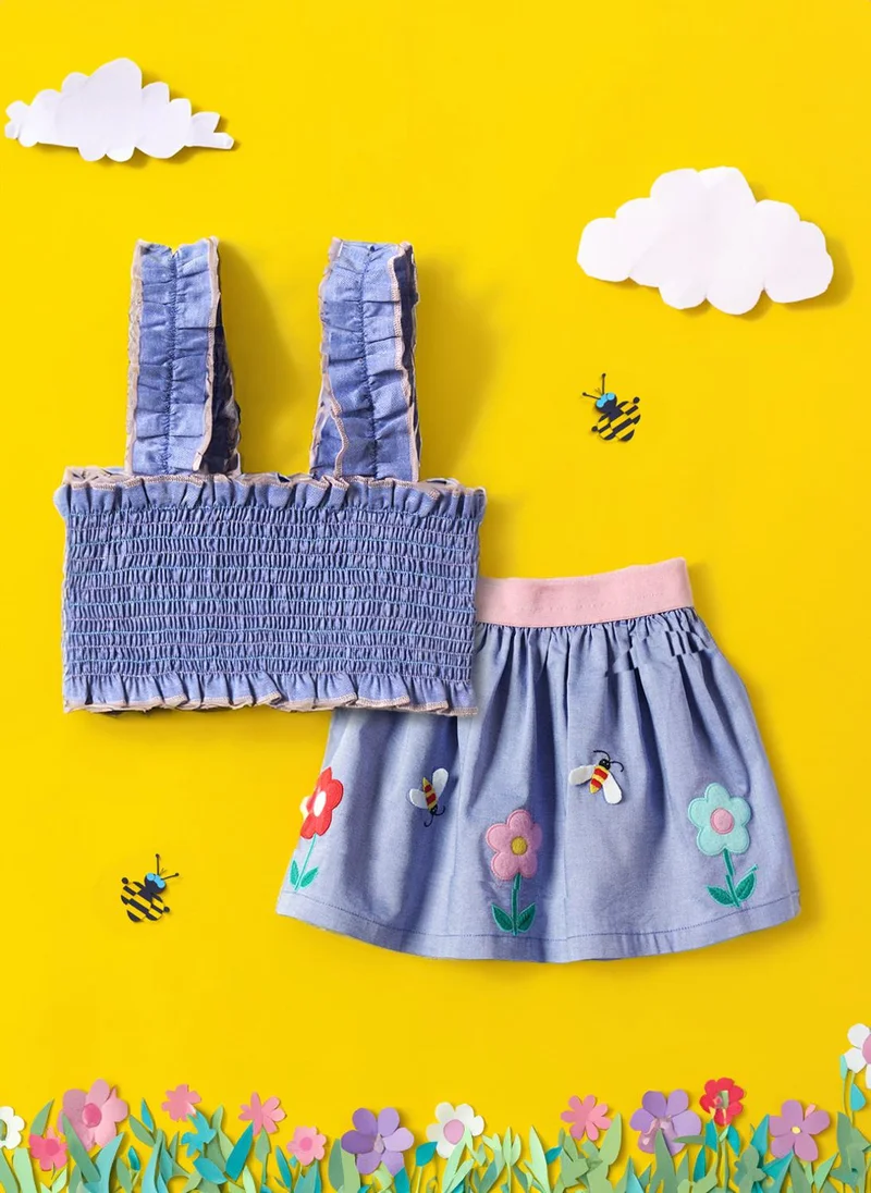 Nautinati Girls' Chambray Flowers and Bees Placement Printed Smocked Blouson Crop Top With Skirt Co-ord Set
